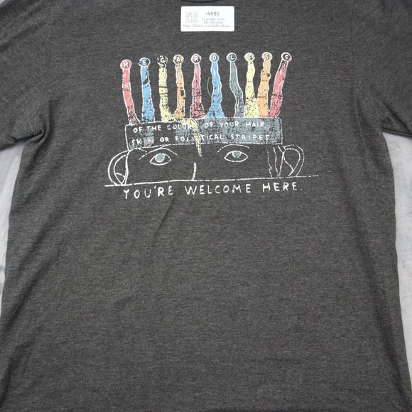 Youre Welcome Here Shirt Mens L Gray Short Sleeve Crew Neck Knit Print Basic Tee - Picture 7 of 13